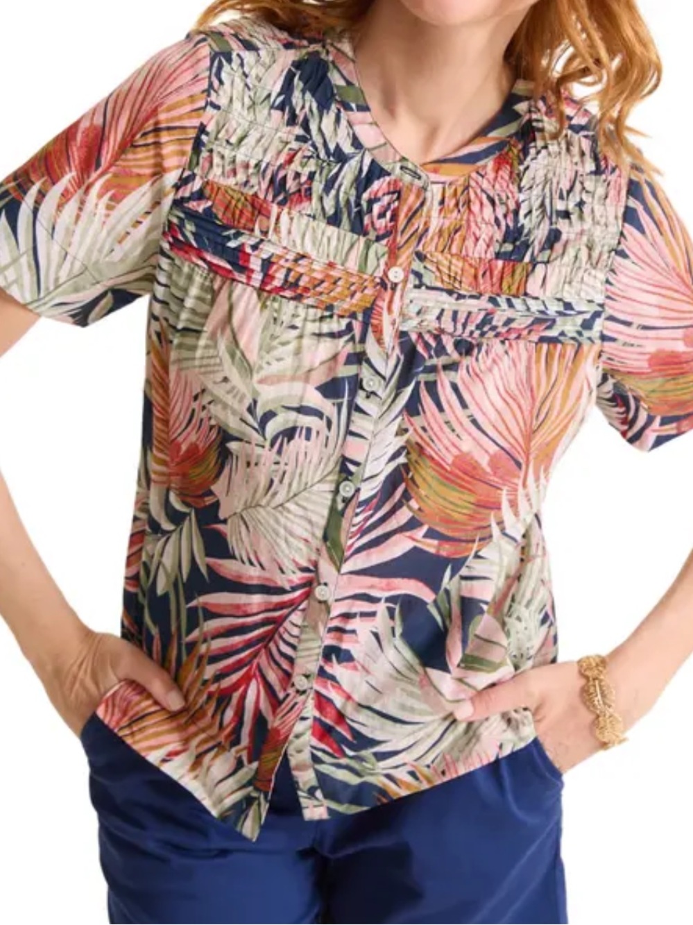 Tommy Bahama Cotton Navy Multi-Color Tropical Leaf Button-Front Top Size Medium